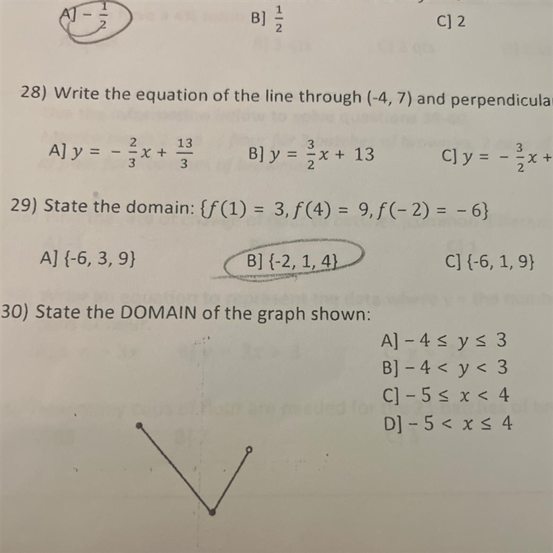 30) State the DOMAIN of the graph shown: A] -4 ≤ y ≤ 3 B] -4 < y < 3 C] -5 ≤ x-example-1