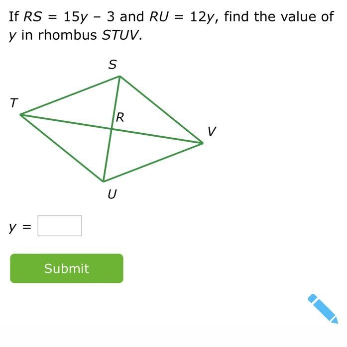 If RS=15y–3 and RU=12y, find the value of y in rhombus STUV.SVUTRy=Submit-example-1