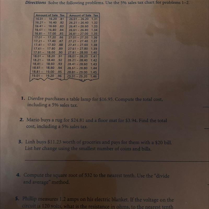 Directions Solve the following problems. Use the 5% sales tax chart for problems 1-2?-example-1