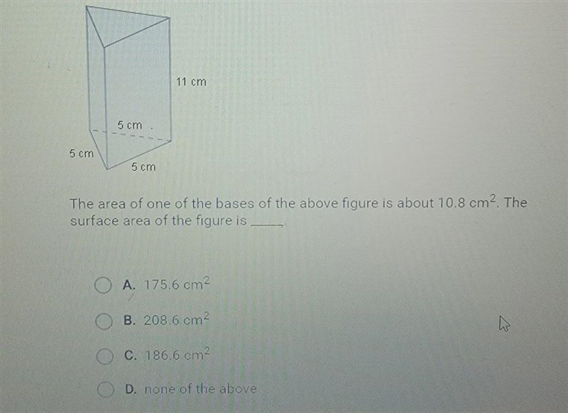 the area of one of the bases of the above figure us about 10.8 cm square the surface-example-1