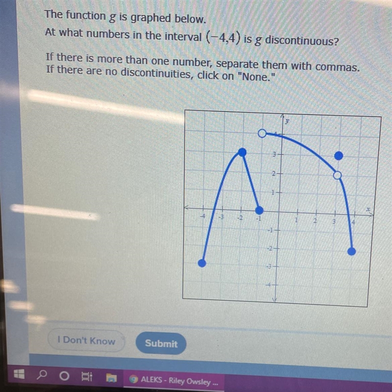 The function g is graphed below. At what numbers in the interval (-4,4) is g discontinuous-example-1