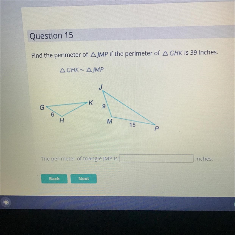 Find the perimeter of JMP if the perimeter of GHK is 39 inches-example-1