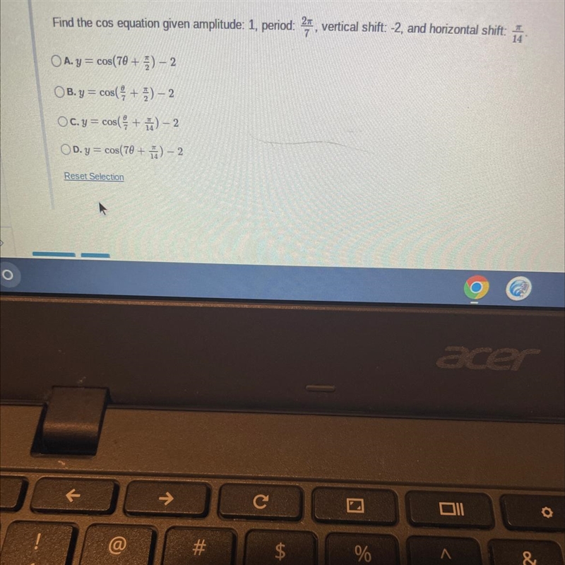 0ÂFind the cos equation given amplitude: 1. period: vertical shift: -2, and horizontal-example-1