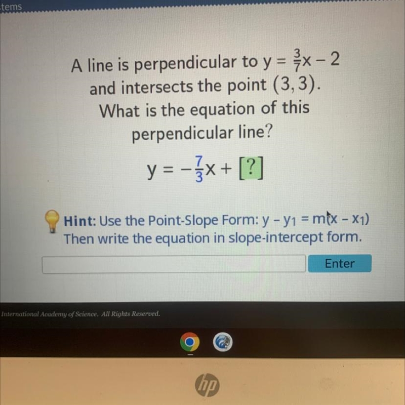 A line is perpendicular to y = {x – 2 and intersects the point (3,3). What is the-example-1