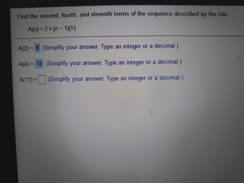 Find the second, fourth, and eleventh terms of sequence described by the rule.A(n-example-1