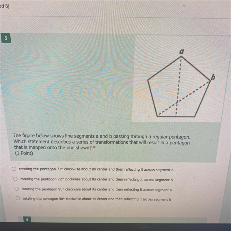 The figure below shows line segments a and b passing through a regular pentagon.Which-example-1