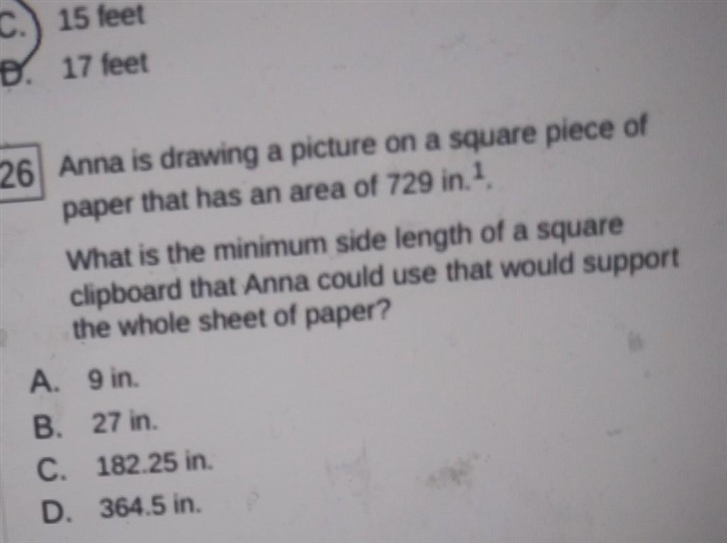 26 Anna is drawing a picture on a square piece of paper that has an area of 729 in-example-1