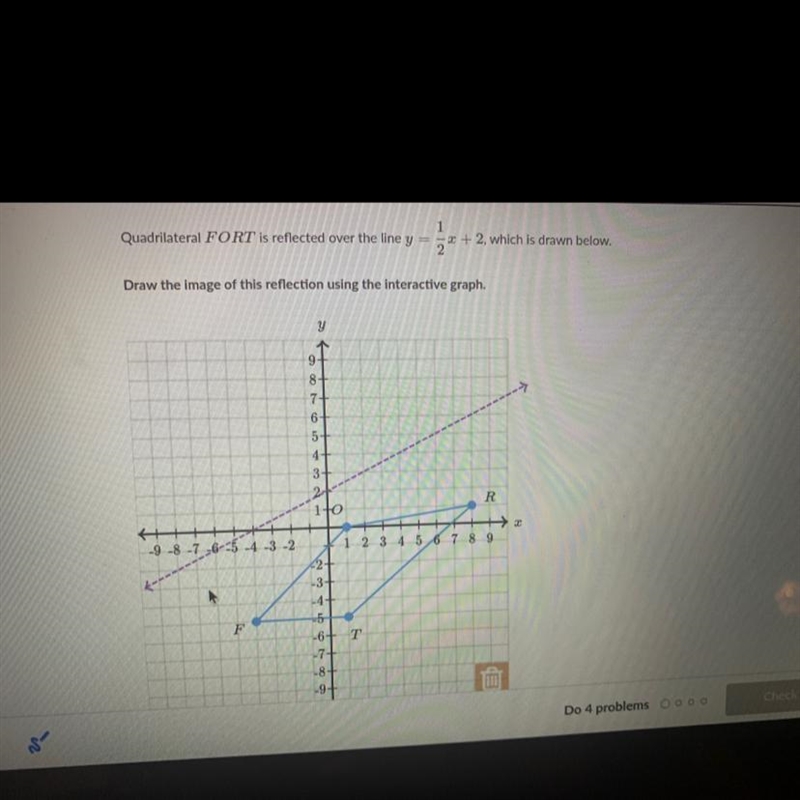 Quadrilateral FORT is reflected over the line y=1/2x+2, which draw below-example-1