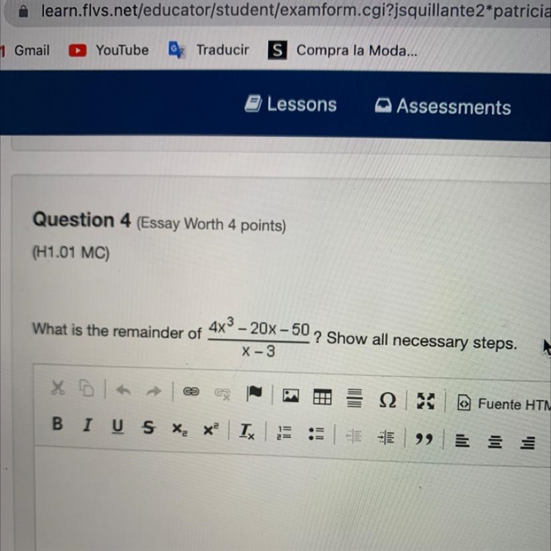 What is the remainder of the quantity 4 x cubed minus 20 x minus 50 end quantity divided-example-1