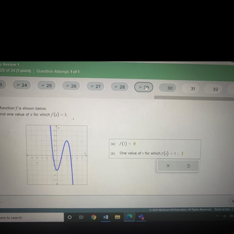 The graph of a function f is shown below.Find f(1) and find the value of x for which-example-1