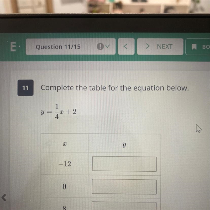 Complete the table for the equation below. y =1/4x+2 X. Y -12 0 8-example-1