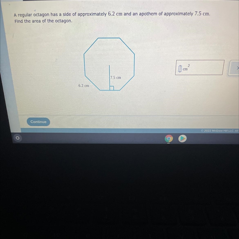 A regular octagon has a side of approximately 6.2 cm and an apothem of approximately-example-1