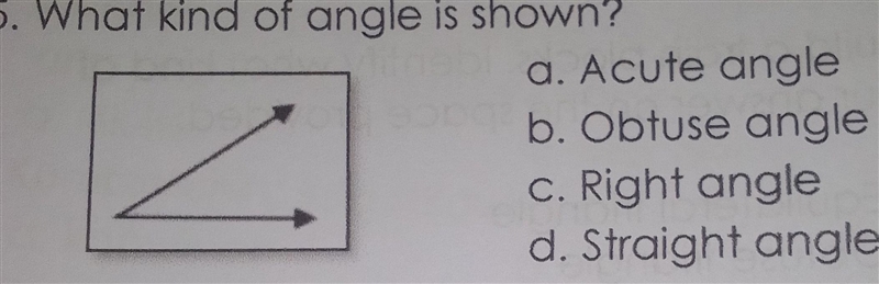 5. What kind of angle is shown? a. Acute angle b. Obtuse angle c. Right angle d. Straight-example-1