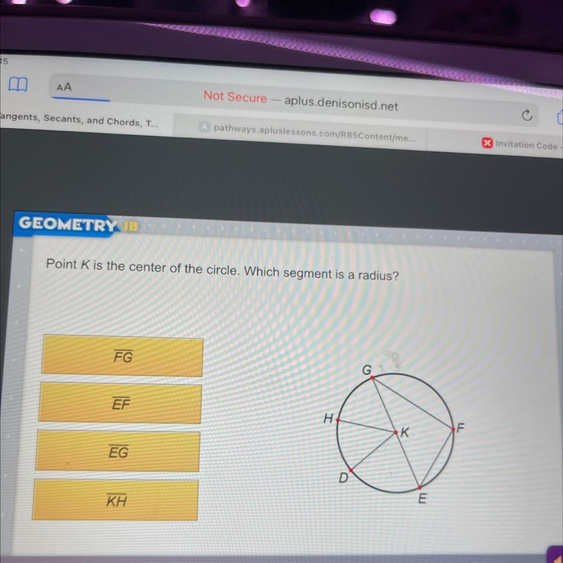 Point K is the center of the circle. Which segment is a radius?FGGEFHKEGDKHE-example-1