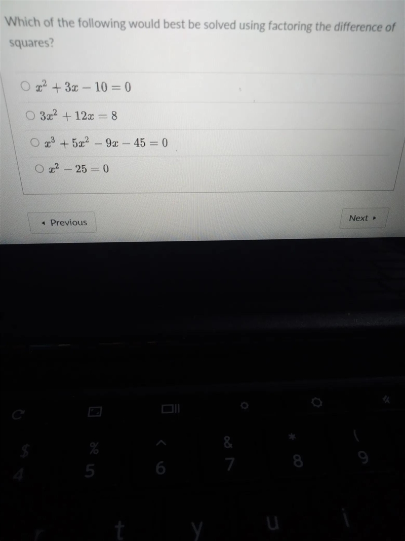 Which of the following would best be solved using factoring the difference of squares-example-1