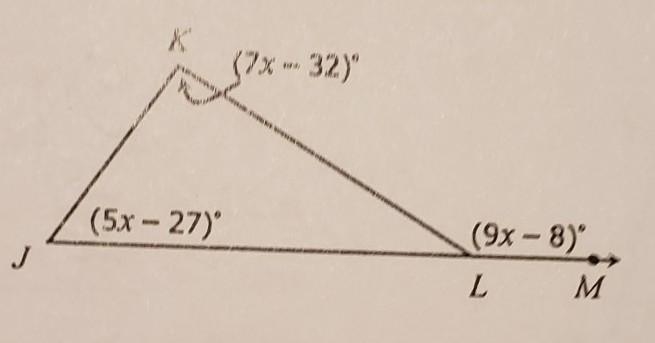 Solve for X, then find the measure of each angle.X=JKL=KJL=KLJ=KLM=-example-1