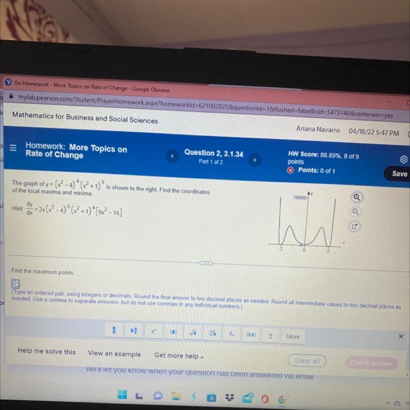 the graph of y=(x^2-4)^4(x^2+1)^ 5 is shown to the right. Find the coordinates of-example-1