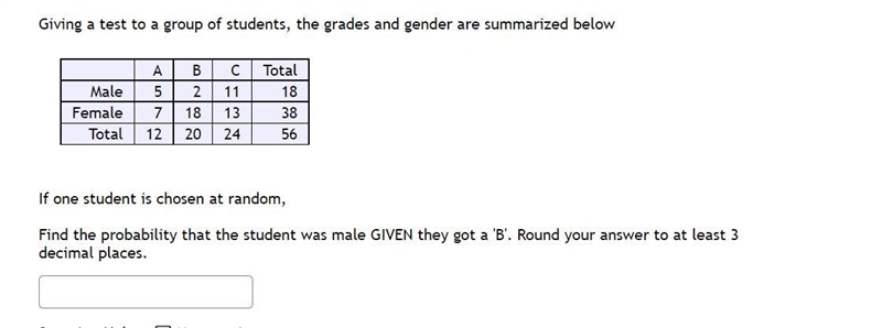 Giving a test to a group of students, the grades and gender are summarized below ABCTotalMale-example-1