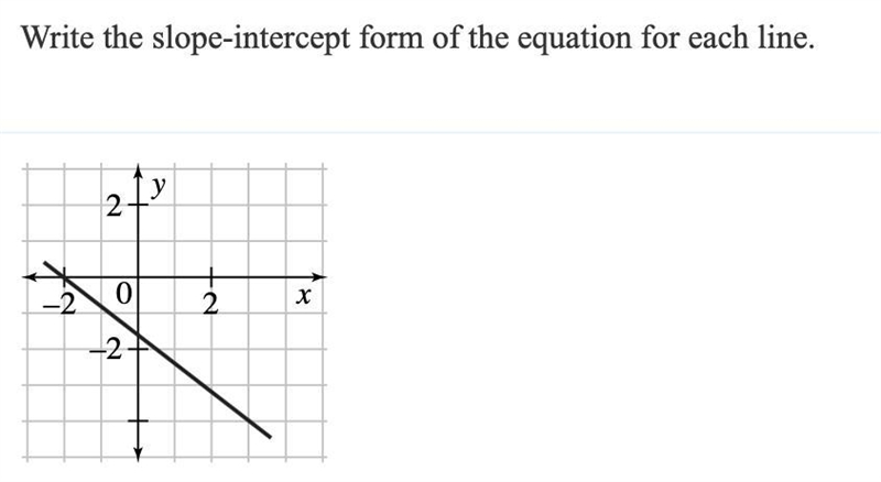 Write the slope intercept form of the equation of each line (line shown below)-example-1