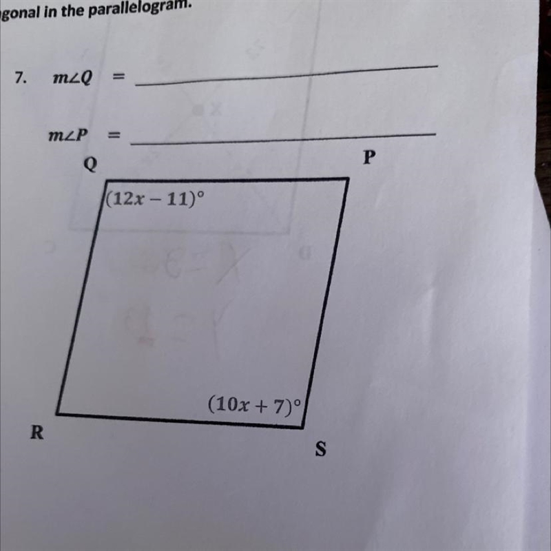 Find the measure of each of the indicated angle,side, or diagonal in the parallelograms-example-1