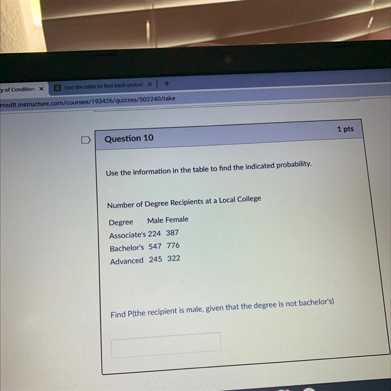 Find the P( the recipient is male, given that the degree is not bachlors)-example-1