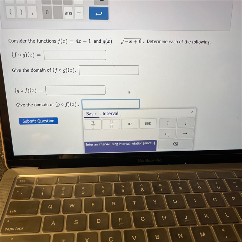 F(x)= 4x-1 and g(x) = sqr root -x+6(f◦g)(x)=give domain=(g◦f)(x)= give domain-example-1