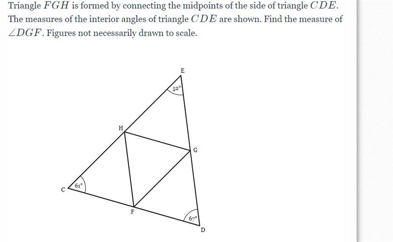 Triangle FGH is formed by connecting the midpoints of the side of triangle CDE. The-example-1