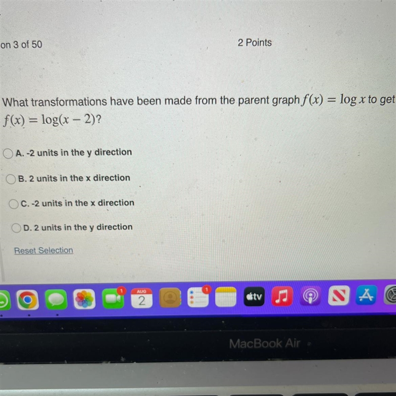 What transformations have been made from the parent graph f(x)=logx to get f(x)=log-example-1