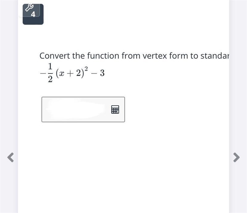 Convert the function from vertex form to standard form. -1/2(x + 2)^2 - 3-example-1