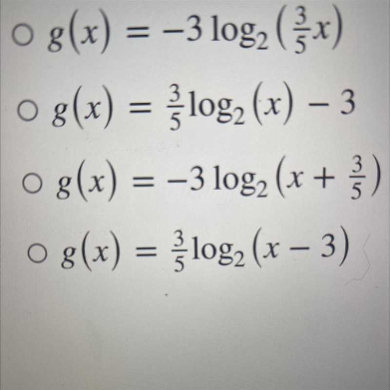 The function f(x) = log2 x is transformed 3 units to the right and vertically compressed-example-1