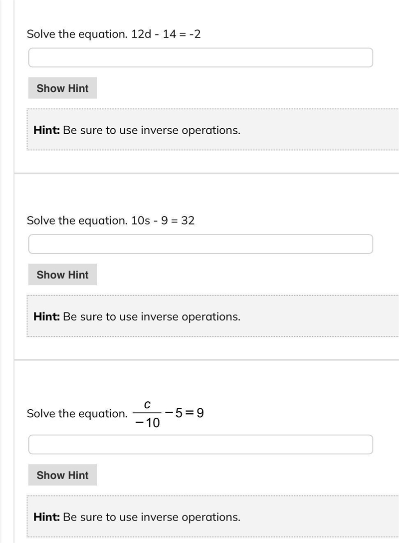 Solve the equation.12d-14=-2 Show Hint Hint: Be sure to use inverse operations. Solve-example-1