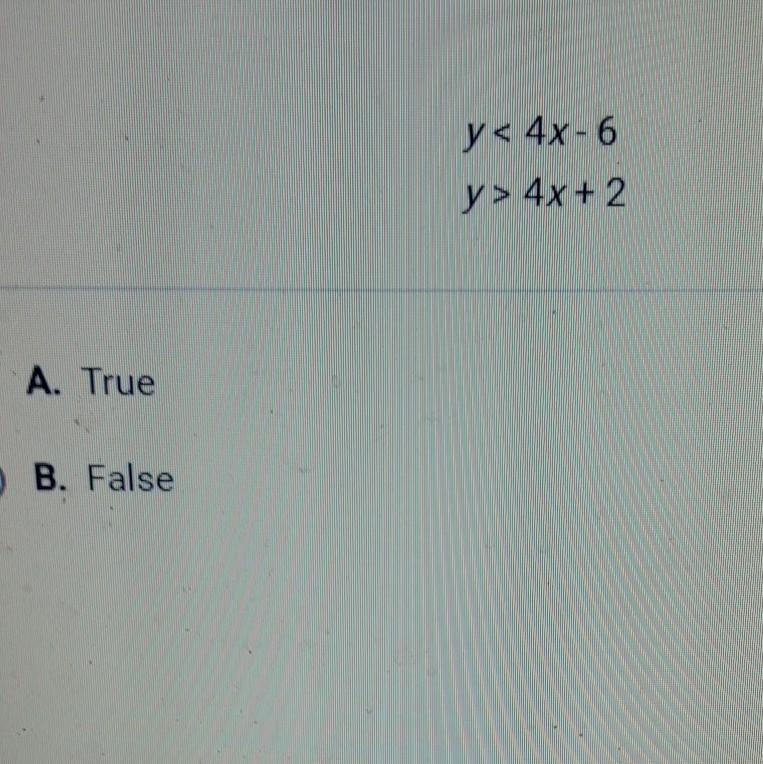 There are no solutions to the system of inequalities shown below. y< 4X-6 y &gt-example-1