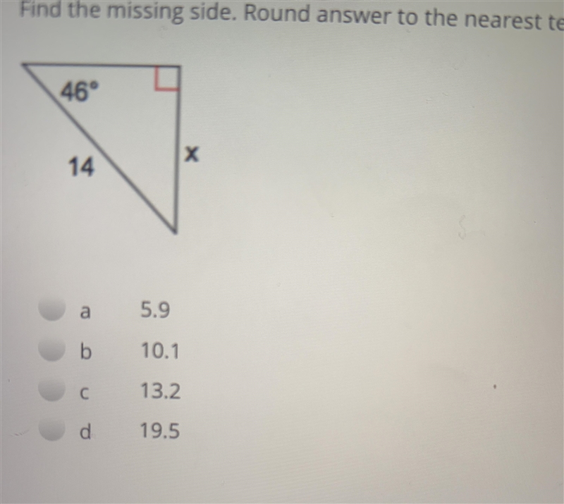 Find the missing side. Round answer to the nearest tenth.46°X145.910.10 0 0 013.219.5-example-1