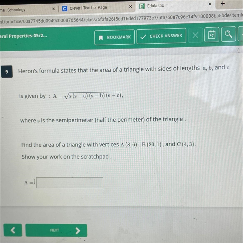 Find the area of a triangle with vertices A(8,6) B(20,1) and C (4,3)-example-1