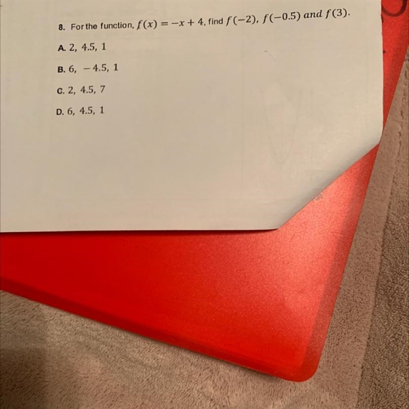 For the function, f(x) = -x + 4, find f(-2), f(-0.5) and f(3)-example-1