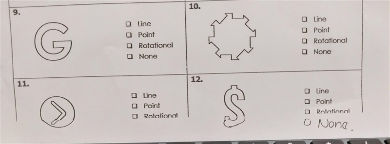 NO LINKS!! Determine if the figures have line, point, and/or rotational symmetry. Check-example-1