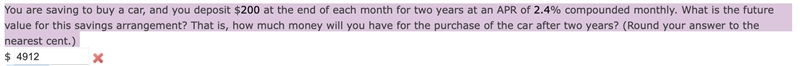 You are saving to buy a car, and you deposit $200 at the end of each month for two-example-1