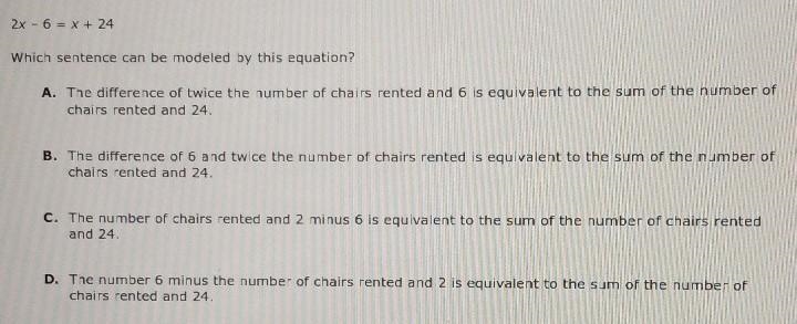 Travis wrote the following equation to model the number of chairs, x, that he is renting-example-1