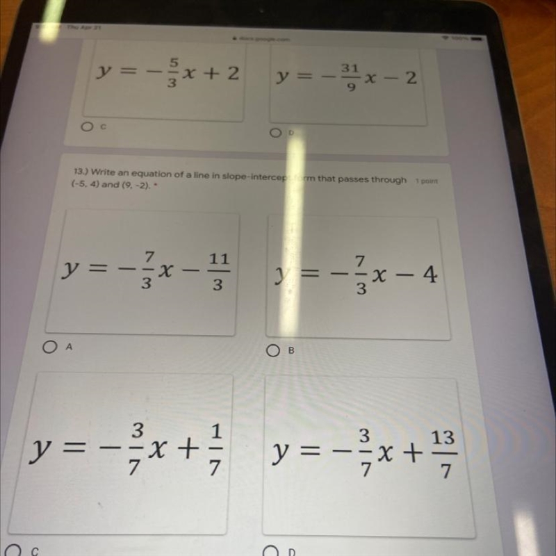 Write an equation of a line in slope intercept form that passes through (-5,4) and-example-1