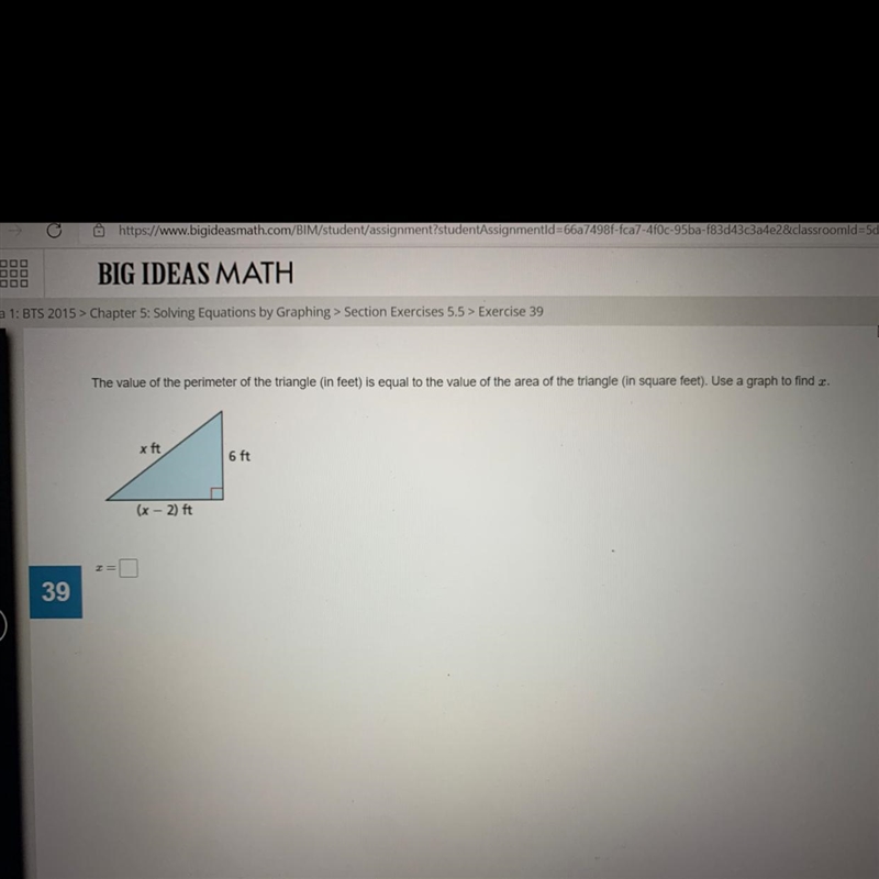 The value of the perimeter of the triangle in feet is equal to the value of the area-example-1