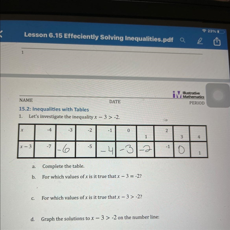 Lets investigate the inequality x-3>-2. actually help im so bad at math.-example-1