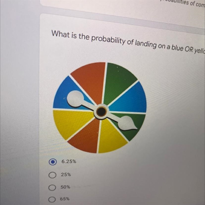 What is the probability of landing on a blue OR yellow? *-example-1