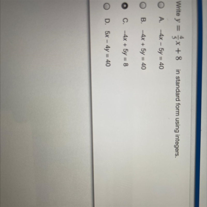 Write Y=4/5 x+8 in standard form using intergers-example-1