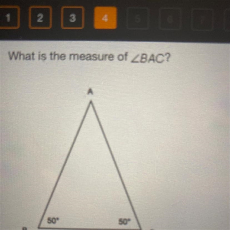 What is the measure of ZBAC? 50" 50" B [Not drawn to scale) A. 50° B. 80° C-example-1