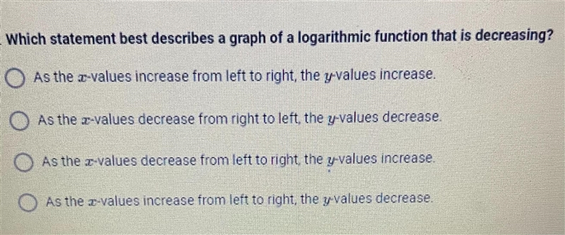 Which statement best describes a graph of a logarithmic function that is decreasing-example-1