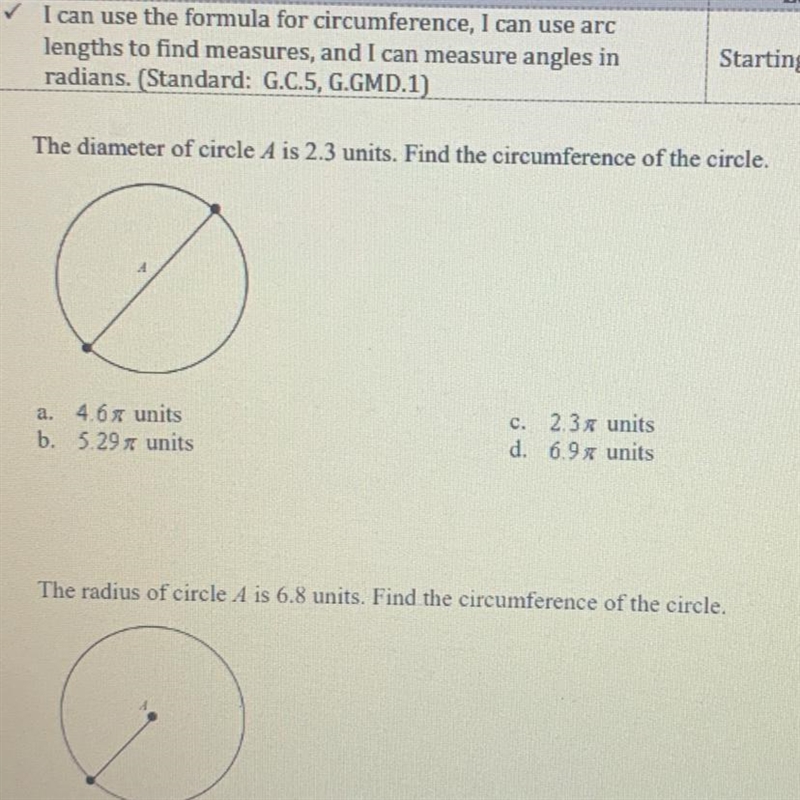 The diameter of circle A is 2.3 units. Find the circumference of the circle-example-1