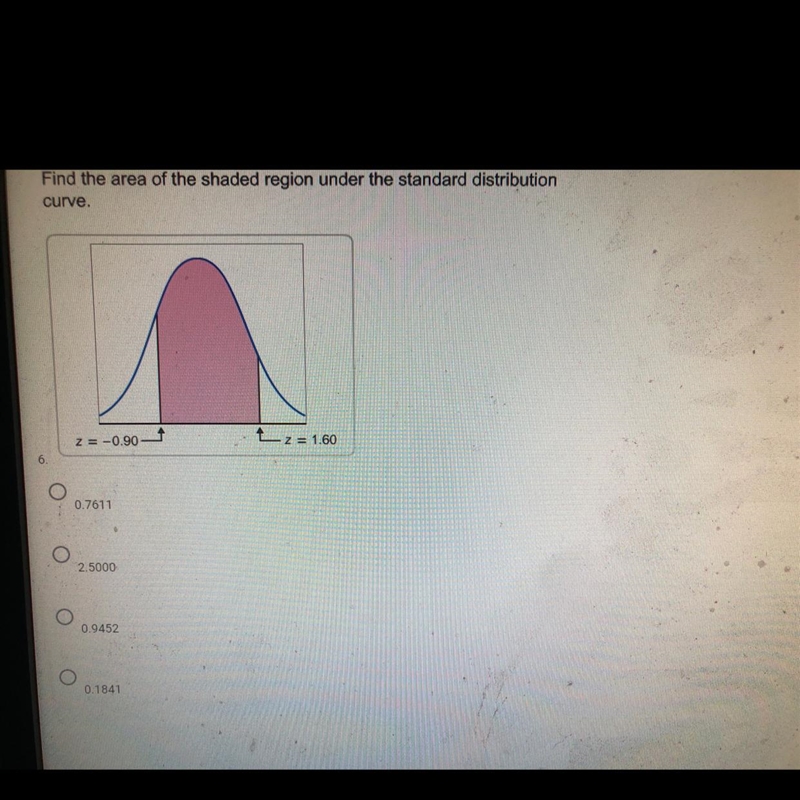 Find the area of the shaded region under the standard distribution curve.-example-1