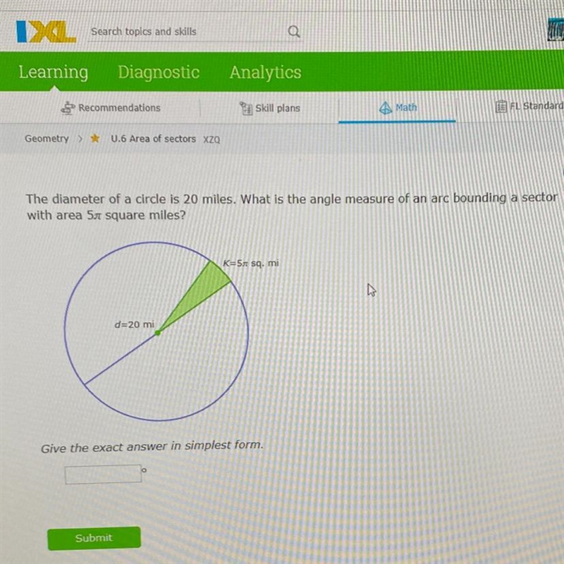 What is the angle measure of an arc bounding sector with an area of 5pie square miles-example-1