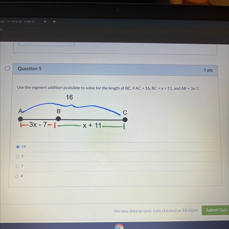 Use the segment addition postulate to solve for the length of BC, if AC = 16, BC = x-example-1