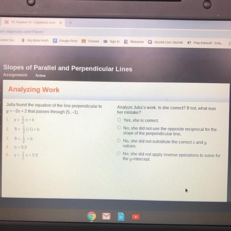 Julia found the equation of the line perpendicular toy = -2x + 2 that passes through-example-1